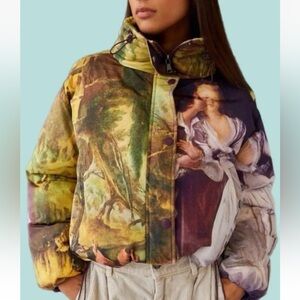 Urban Outfitters BDG Renaissance Art Print Nylon Puffer Jacket Gold Purple